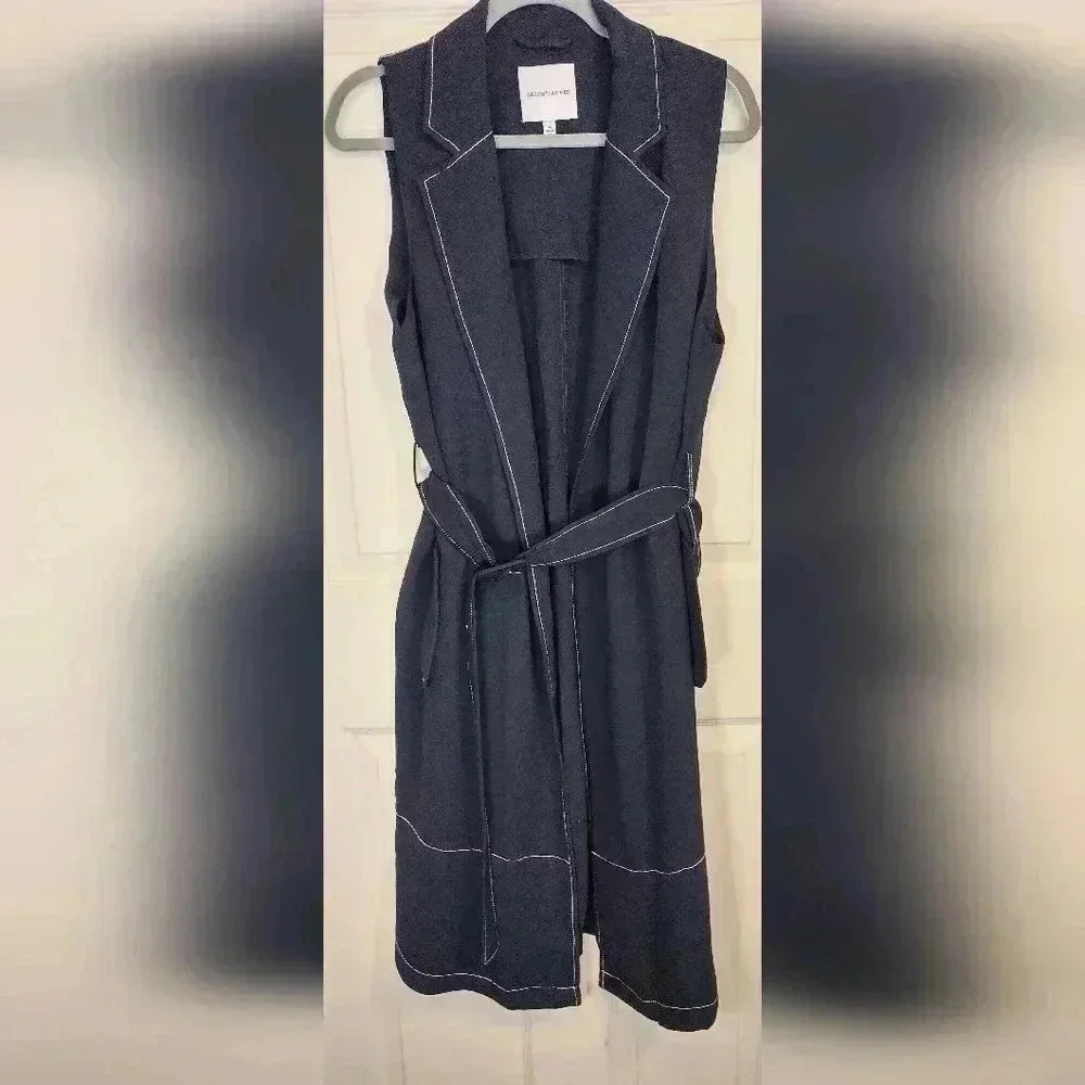 Gibson Latimer Navy Blue Contrast Stitch Sleeveless Trench Vest Tie Waist Medium